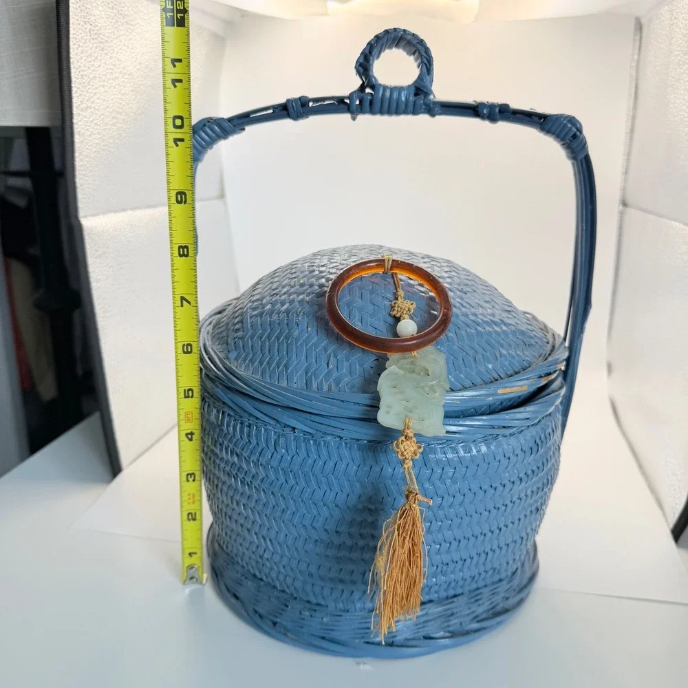VTG Chinese Woven Blue Wedding Basket Carved Jade Pendant Tassel Lidded Large